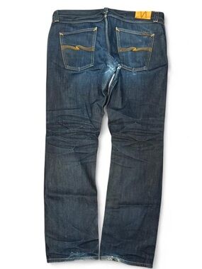 Y2K Nudie Jeans Navy Indigo Patched Faded Straight Jeans